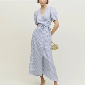 Reformation Weiss Linen wrap midi dress (Light Blue Gingham Wrap Maxi Dress) NWT